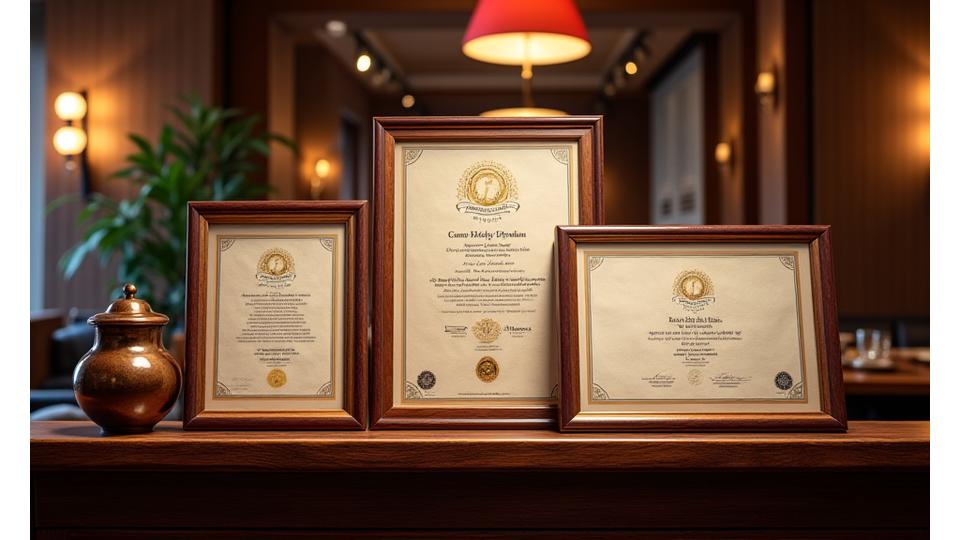 Display of various culinary and sustainability awards and plaques