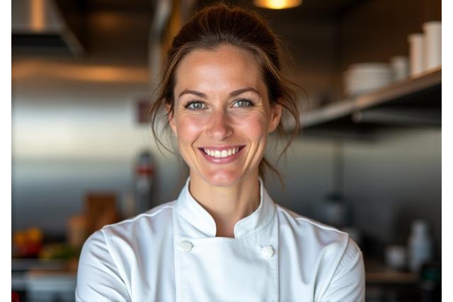 Chef Elara Vance, founder of Maple Hearth Eatery, meticulously preparing a dish in a bright, modern kitchen.