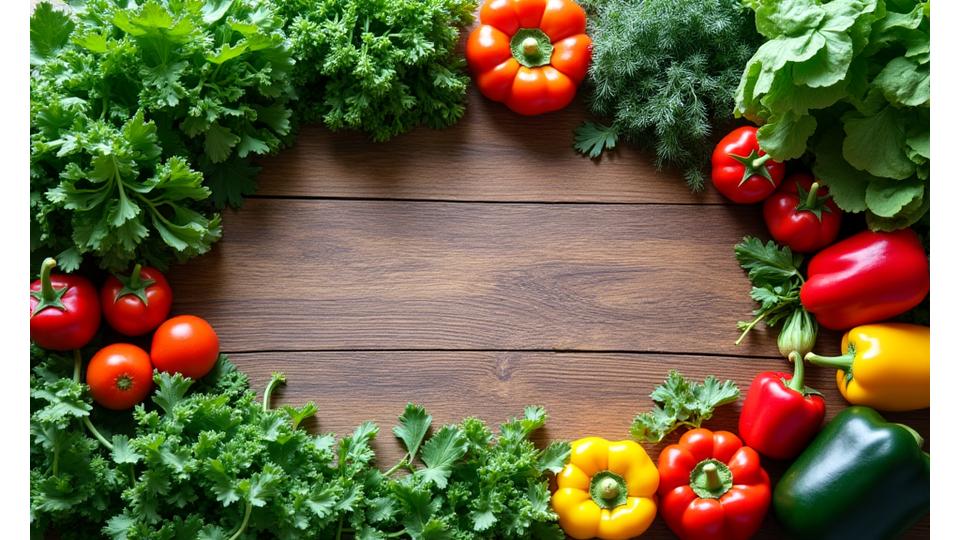 Assortment of fresh, locally-sourced organic vegetables and herbs on a wooden table, illustrating sustainable ingredients.