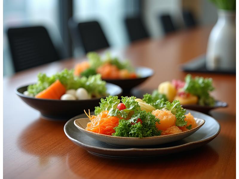 A beautifully laid out business lunch spread featuring individual gourmet bento boxes and fresh salads on a long table in a modern corporate meeting room.