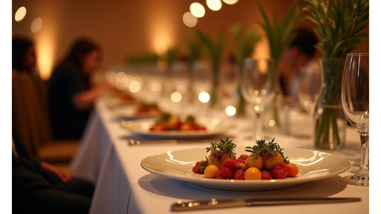 Elegantly arranged tables at a catered event, showcasing gourmet dishes and sophisticated decor. A professional catering staff is subtly present in the background.