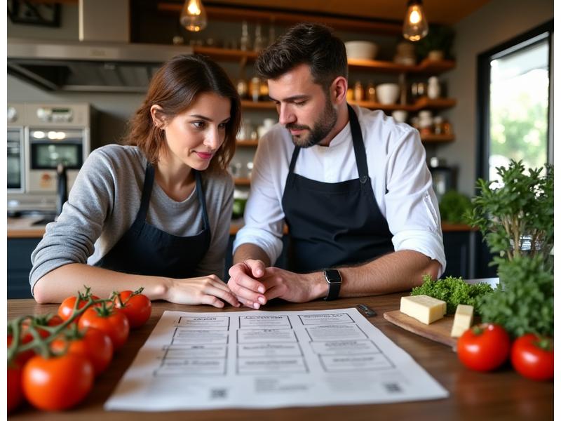 A chef collaboratively reviewing a menu with a client over a table laden with fresh, vibrant ingredients and a laptop, suggesting a personalized menu creation process.