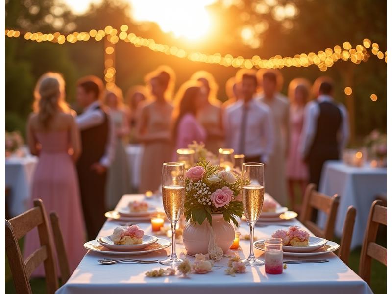 A joyful private celebration, perhaps a wedding or anniversary, with guests enjoying exquisitely plated food at a beautifully decorated outdoor reception. Warm fairy lights glow in the background.