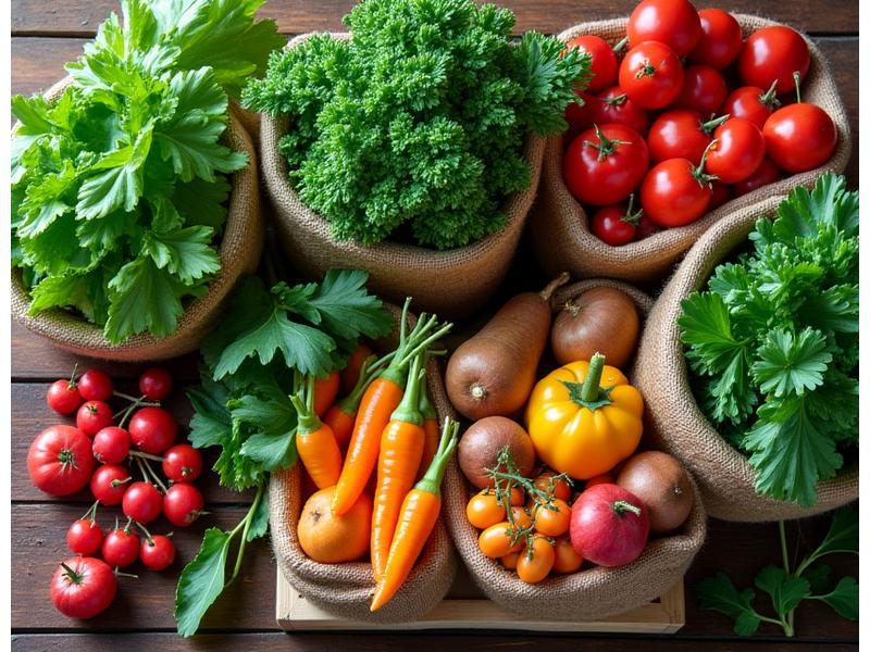 A close-up of vibrant, fresh, locally sourced vegetables and herbs gathered in rustic wooden crates, symbolizing sustainable and local ingredient sourcing.