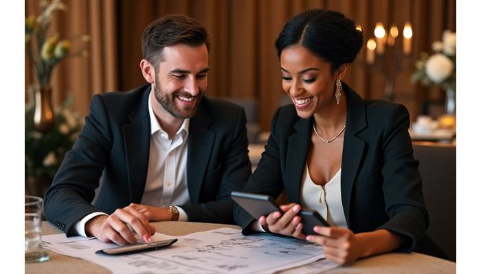 A Maple Hearth Eatery event planner discussing details with a client in a luxurious setting, capturing a bespoke event.