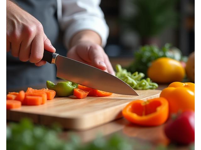 A chef demonstrates knife skills in a pristine kitchen, surrounded by fresh vegetables. Focus on precision and classical technique.