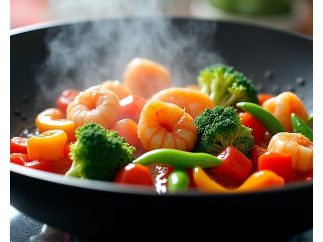 A vibrant wok stir-frying colorful fresh vegetables and shrimp, steam rising. Asian-inspired cooking utensils scattered around.