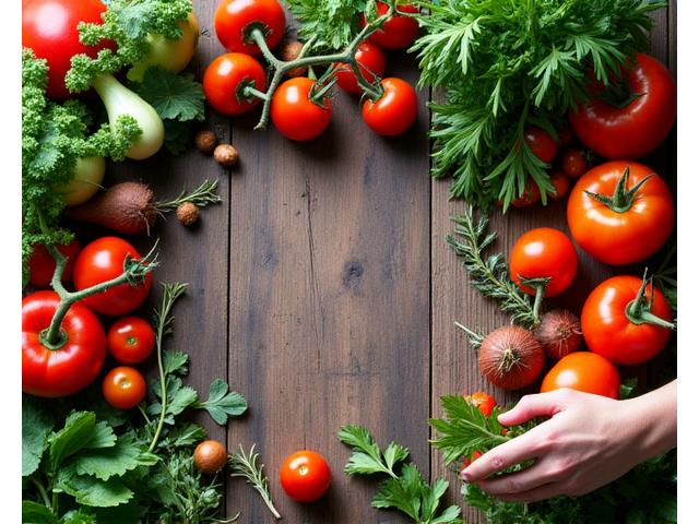 A rustic wooden table laden with vibrant, freshly harvested seasonal vegetables and herbs, with a chef's hands delicately arranging them.