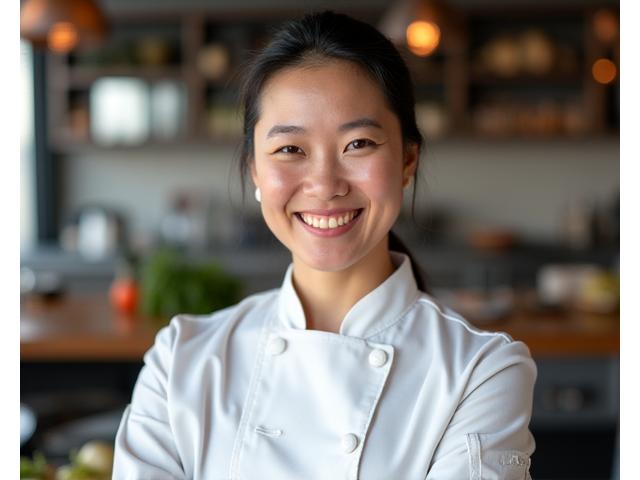Portrait of Chef Emily Chen, a smiling Asian woman in a chef's coat, standing confidently in a kitchen environment.