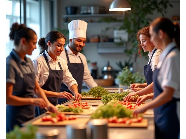 A group of colleagues laughing and working together around a kitchen island, collaborating on a cooking task, overseen by a smiling chef. The atmosphere is energetic and collaborative.