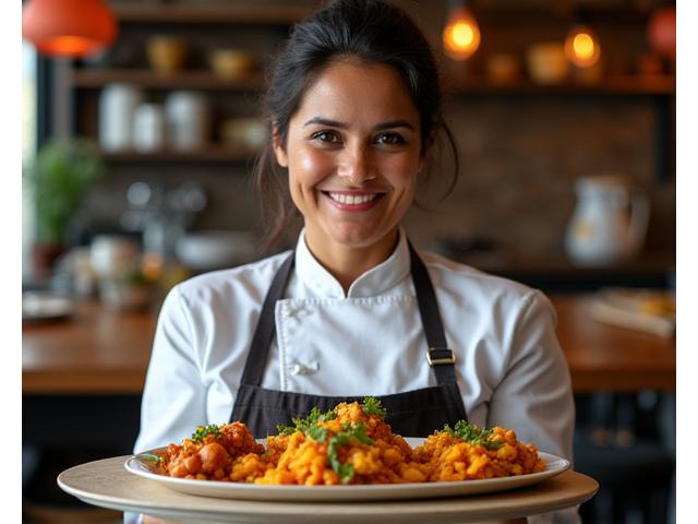 Portrait of Guest Chef Sara Khan, a vibrant South Asian woman presenting a plate of beautifully spiced Indian curries.