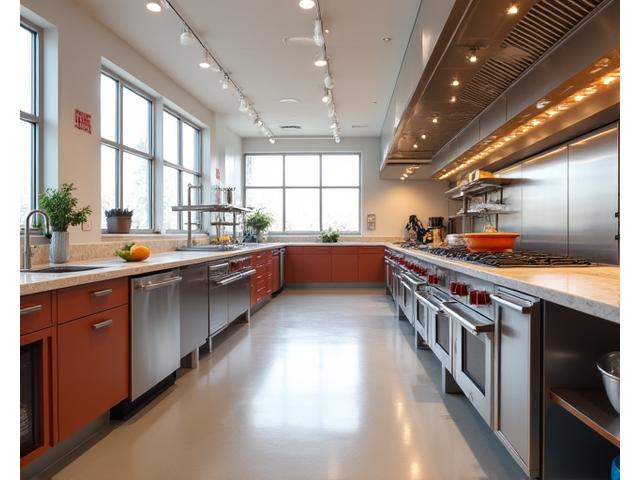 A bright, modern teaching kitchen with individual stainless steel workstations, a central demonstration counter, and professional cooking equipment.