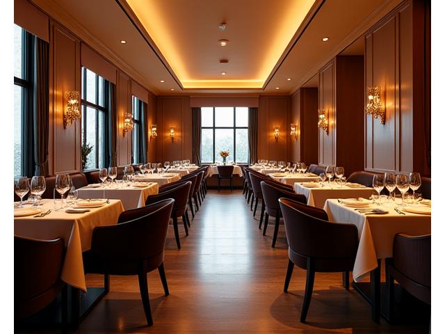 Elegant fine dining interior with warm lighting and sophisticated decor.