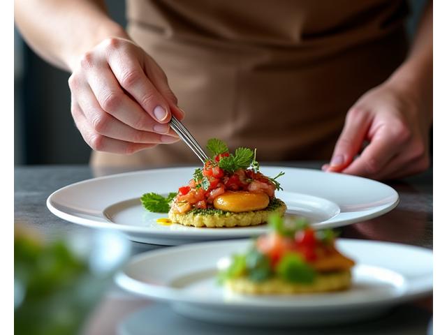 Chef meticulously plating an exquisite dish with tweezers.