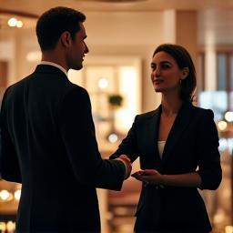 Restaurant host warmly greeting a couple at the entrance.