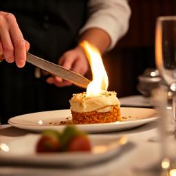 Chef performing tableside preparation of a dish with flair.