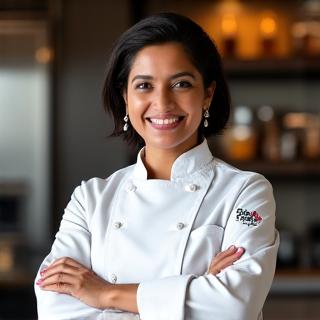 Portrait of Chef Anya Sharma, head chef of Maple Hearth Eatery.