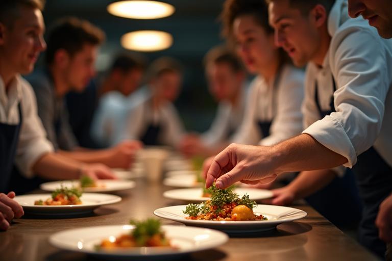 Chef presenting a dish directly to guests at a Chef's Table experience.
