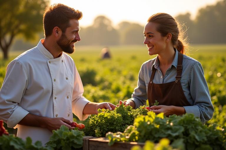 Chef interacting with a local farmer at a farmers market, showcasing farm-to-table sourcing.