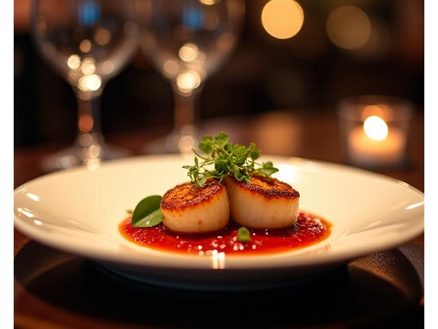 Intimate fine dining setting with a beautifully plated dish and wine glasses.