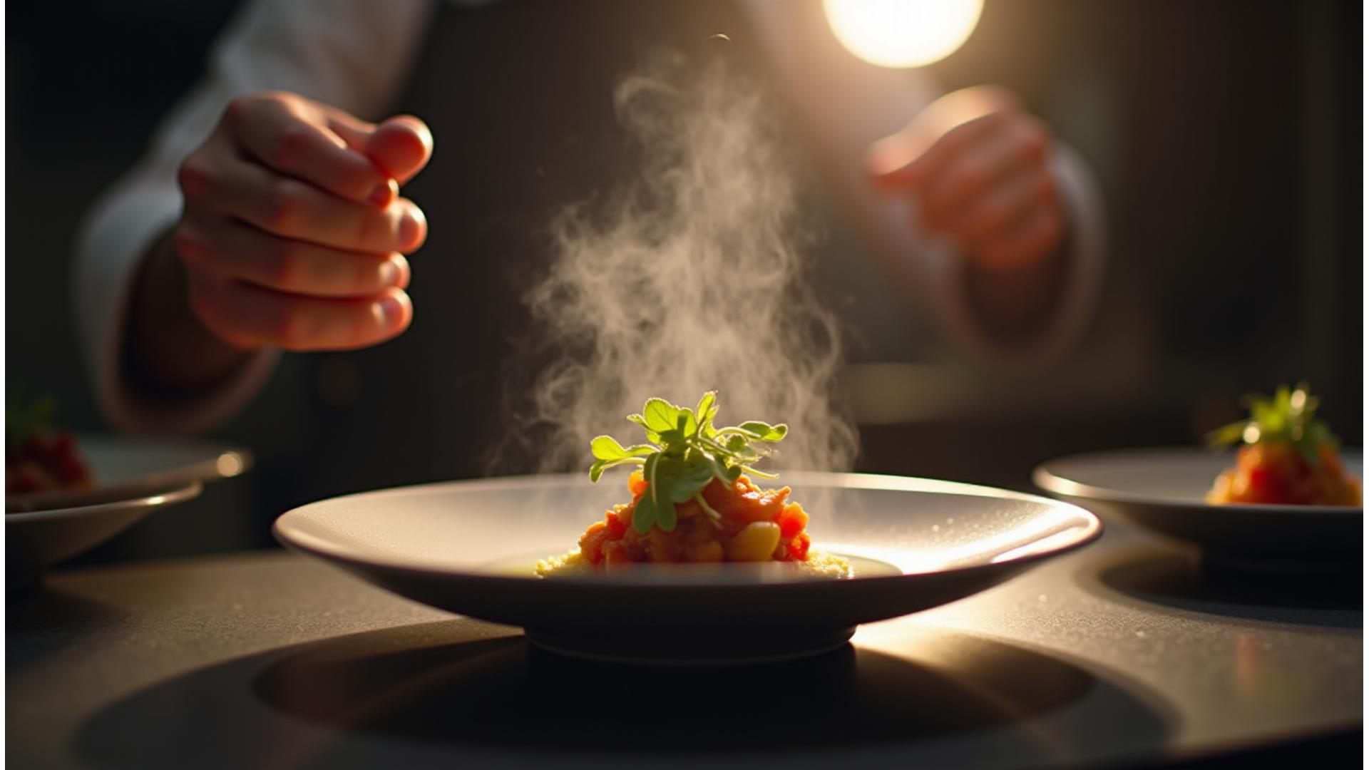 Chef plating an exquisite dish at Maple Hearth Eatery, showcasing culinary artistry and fine dining atmosphere.