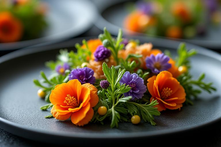 An artfully arranged plant-based tasting menu dish with fresh vegetables.