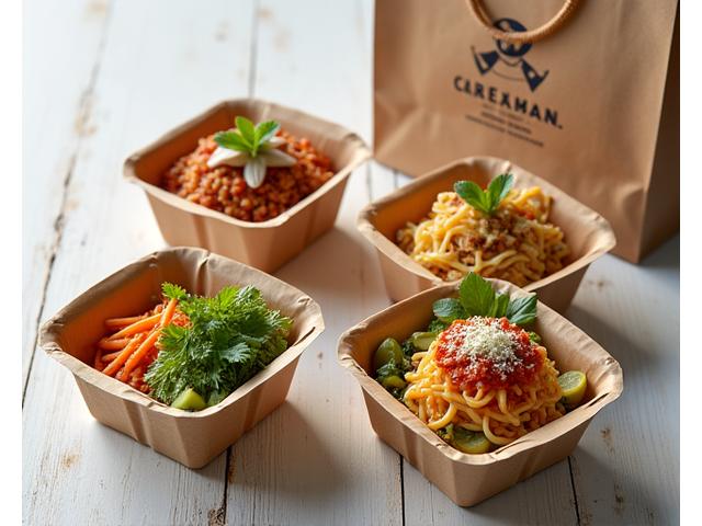 Gourmet take-out boxes neatly packed with a delicious meal, ready for delivery.