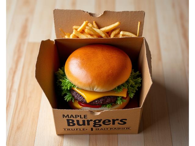 Gourmet take-out box featuring a gourmet burger with truffle fries.