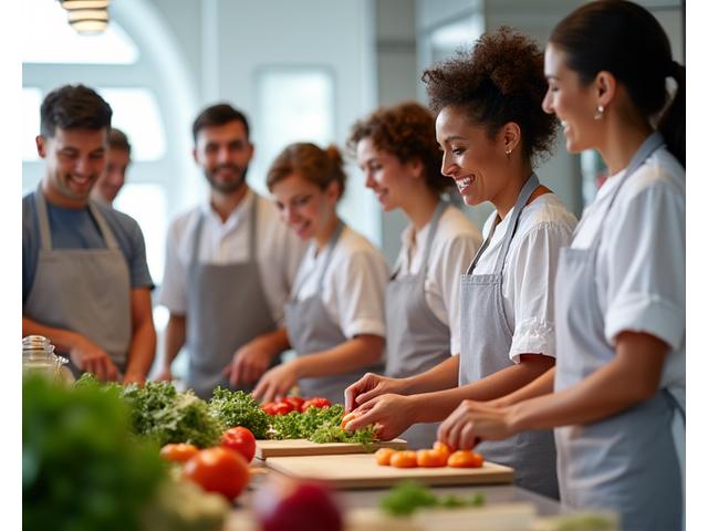 Group of participants happily learning to cook in a professional kitchen during a culinary workshop.