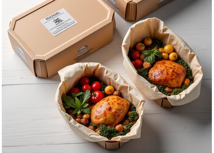 Elegantly packaged gourmet meal ready for takeout