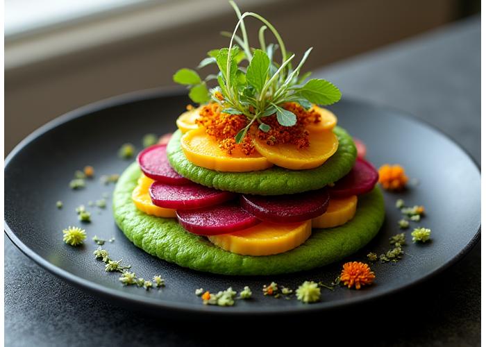 Artistically presented plant-based dish, like beetroot carpaccio with edible flowers