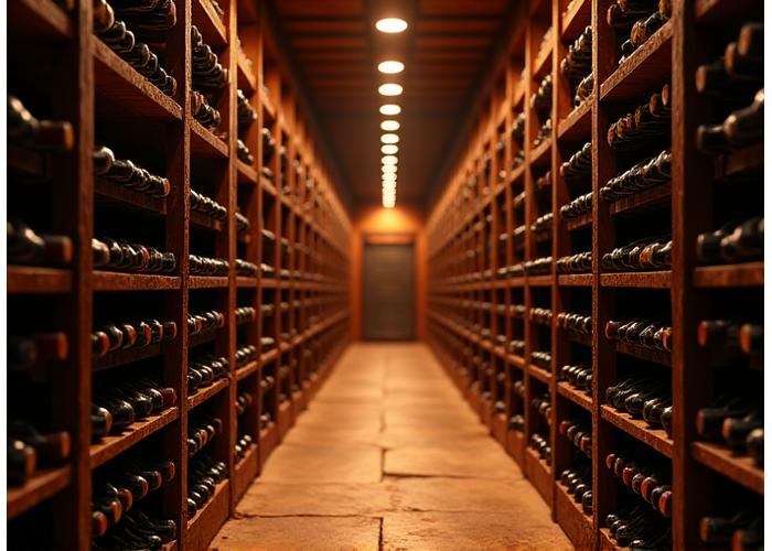 A large, well-stocked wine cellar with warm lighting