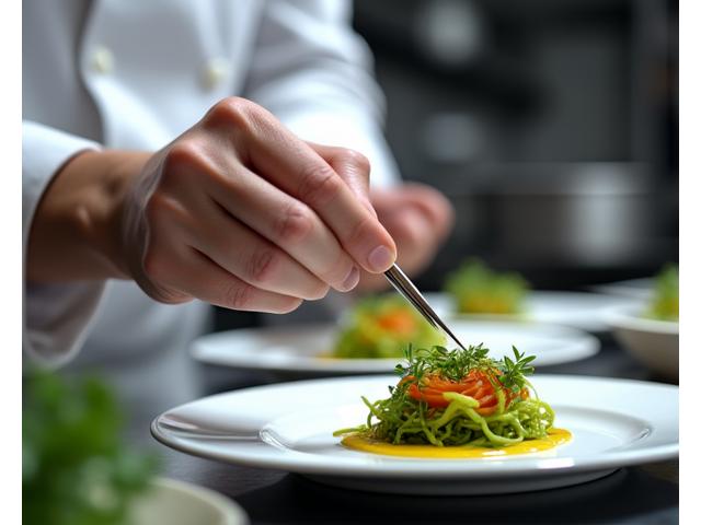 Chef precisely plating a complex plant-based dish, focus on hands and intricate details