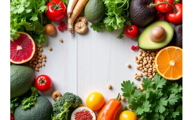 Assortment of fresh, colorful vegetables and superfoods arranged aesthetically