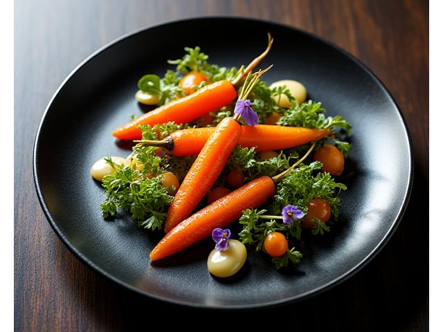 Artistically plated vegan dish, vibrant vegetables and edible flowers on a dark ceramic plate