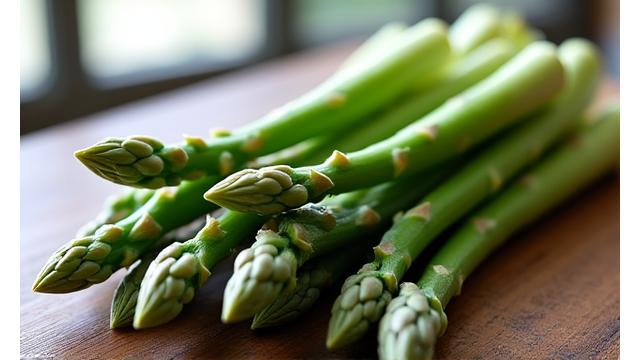 Freshly picked Ontario asparagus spears with dew drops