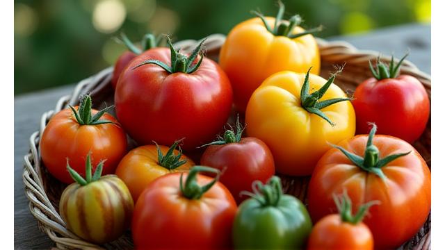 Colorful heirloom tomatoes on the vine, glistening with freshness