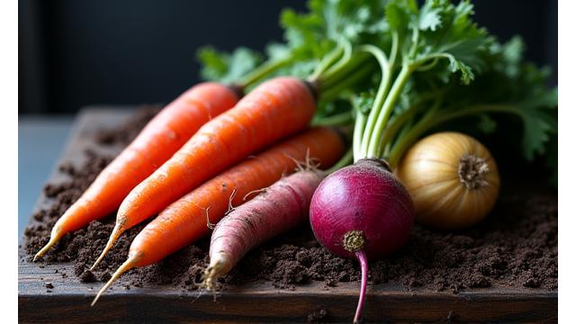 Earthy root vegetables including carrots, beets, and parsnips freshly harvested