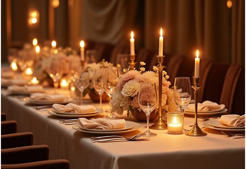 A joyous anniversary celebration dinner table set with fine china, floral arrangements, and candlelight.