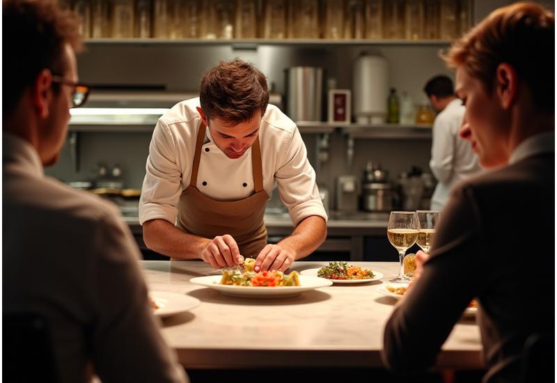 A group of guests seated at a chef's table, watching a chef meticulously plate dishes in a professional kitchen setting.