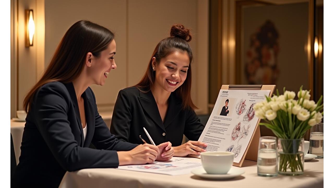 An event coordinator discussing details with a client in an elegant setting.