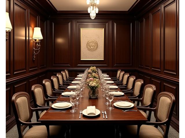 Elegant Oak Room private dining space with a long wooden table and warm lighting.