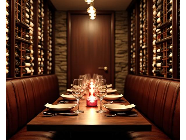 Cozy Wine Cellar private space with stone walls and racks of wine bottles.