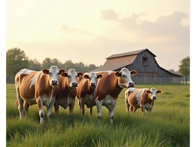 A rustic dairy farm with cows grazing in a pasture, illustrating ethical animal husbandry.