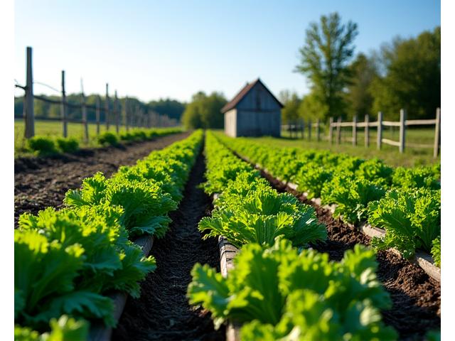 A verdant organic farm in Ontario, showing rows of fresh produce under a clear sky.