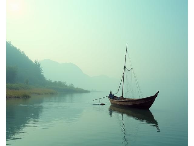 A small, sustainable independent fishery boat on a calm lake, emphasizing ethical fishing practices.
