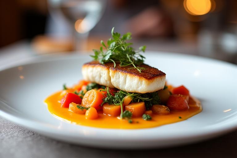 An elegantly plated, colourful dish created with fresh, local ingredients, presented in a warm, inviting restaurant setting.