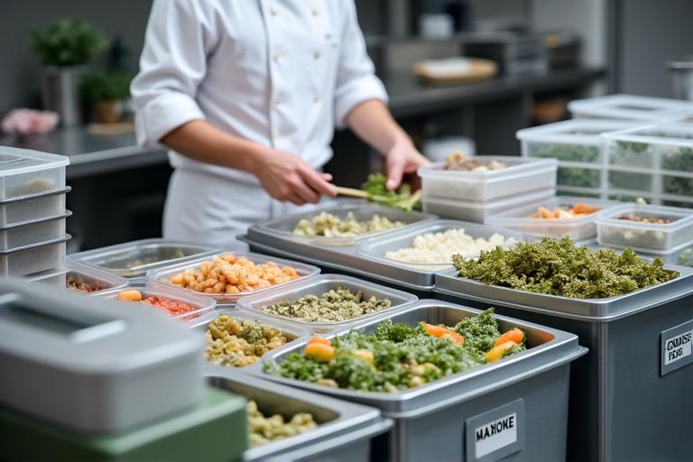 A pristine, organized professional kitchen showcasing composting bins and reusable containers, highlighting zero-waste practices.