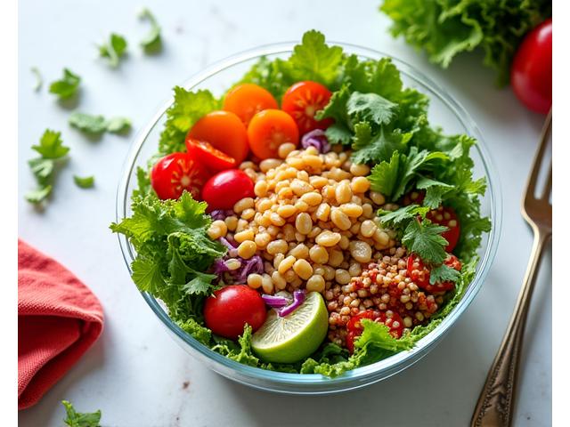 A vibrant, fresh plant-based meal in a sustainable take-out container, emphasizing health.