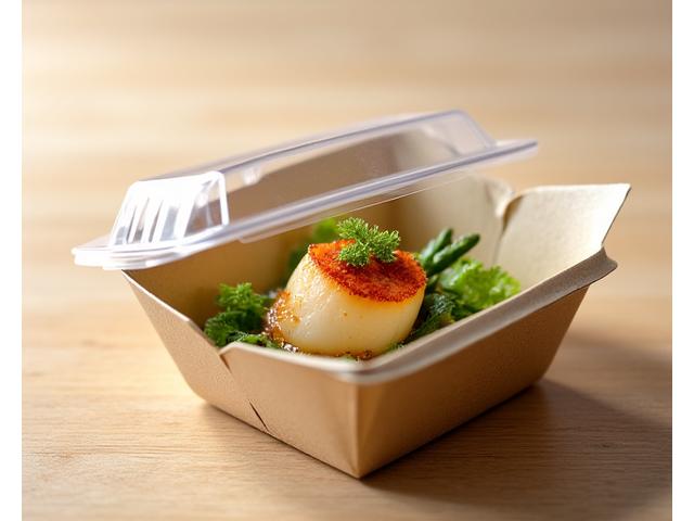 A beautifully presented gourmet meal in an elegant take-out container, ready for home dining.